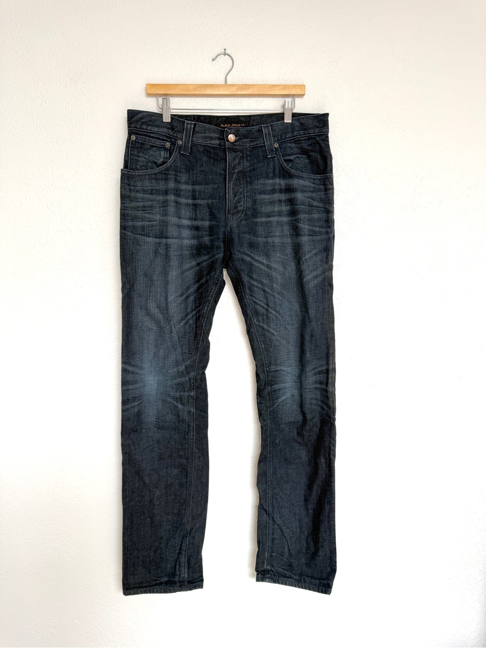 NUDIE jeans HANK REY all crinckled up whiskering straight leg dark denim / 34x34